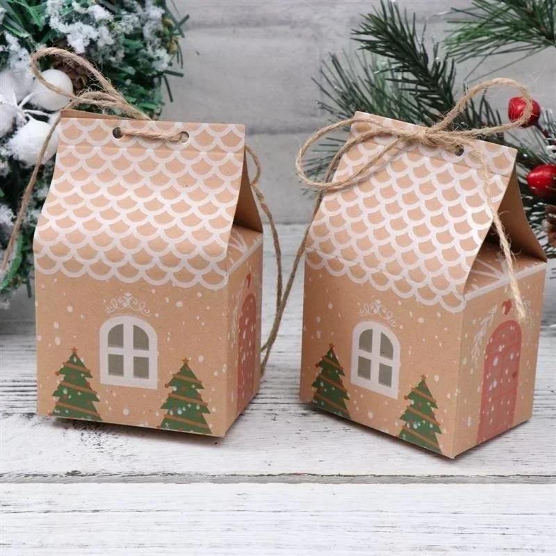 Christmas Style Supplies 50pcs Party Xmas Decor House Shape Cookies Pouch Christmas Candy Box Kraft Paper Gift Bags Candy Box