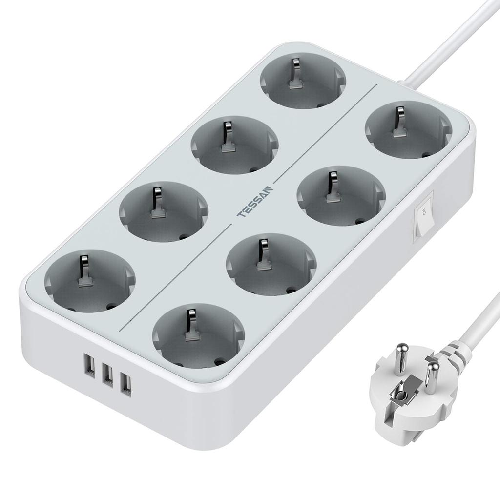 Tessan Удлинитель с несколькими розетками европейского стандарта и USB-портами, удлинительный кабель длиной 2 м, европейская многоконтактная электрическая розетка для дома