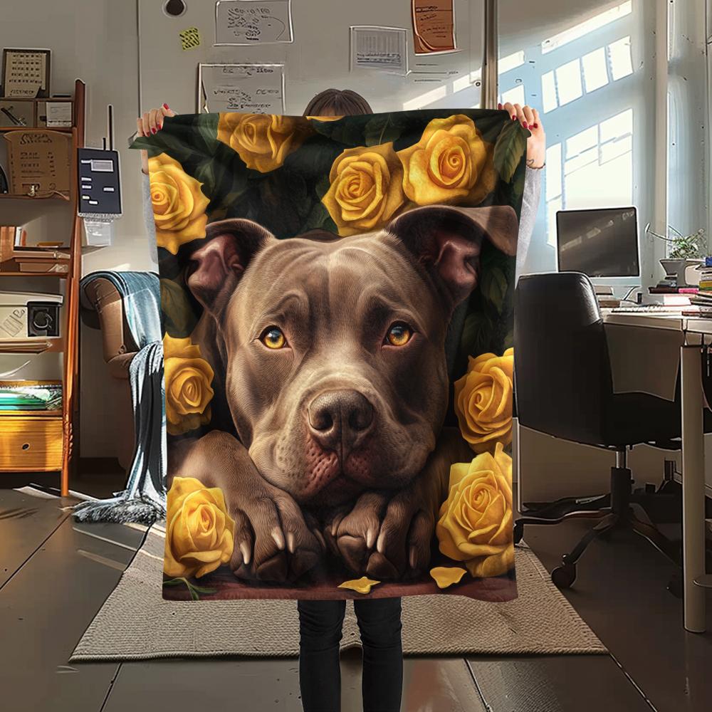 Pitbull and roses,pattern Flannel Blanket, High quality Comfortable for All Seasons, Home Decor, Warmth and Comfort, Perfect for Gifts.