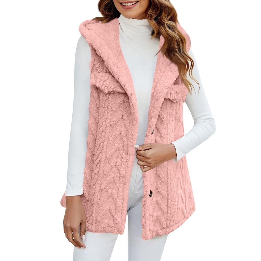 Women's Fashion Winter Plush Hooded Cardigan Mid-length Coat Vest
