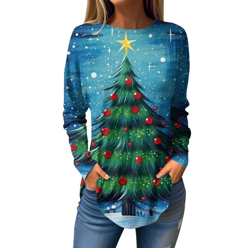 Женская свободная футболка с круглым вырезом и рождественским принтом, длинный рукав, пуловер, толстовка с длинными рукавами