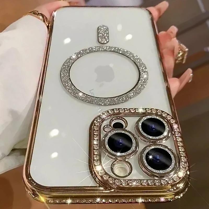Новый модный прозрачный чехол с блестками и бриллиантами для iPhone17 16 15 14 13 17 12 Pro Max Магнитный бампер с поддержкой беспроводной зарядки