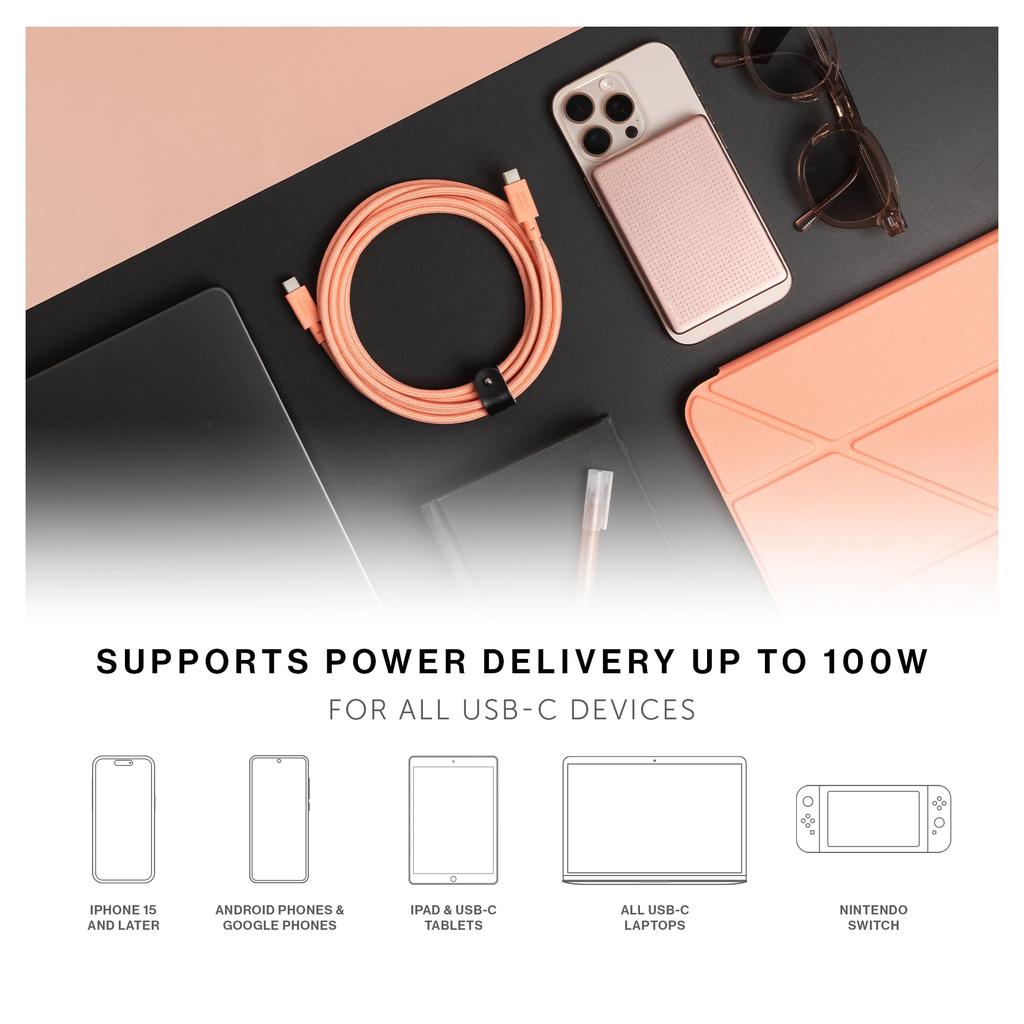 Native Union Belt Cable XL 100W To Super Strong Charging Cable with Cable Strap Compatible with iPhone MacBook Pro Air and Surface Go 3 Type-C - USB-C
