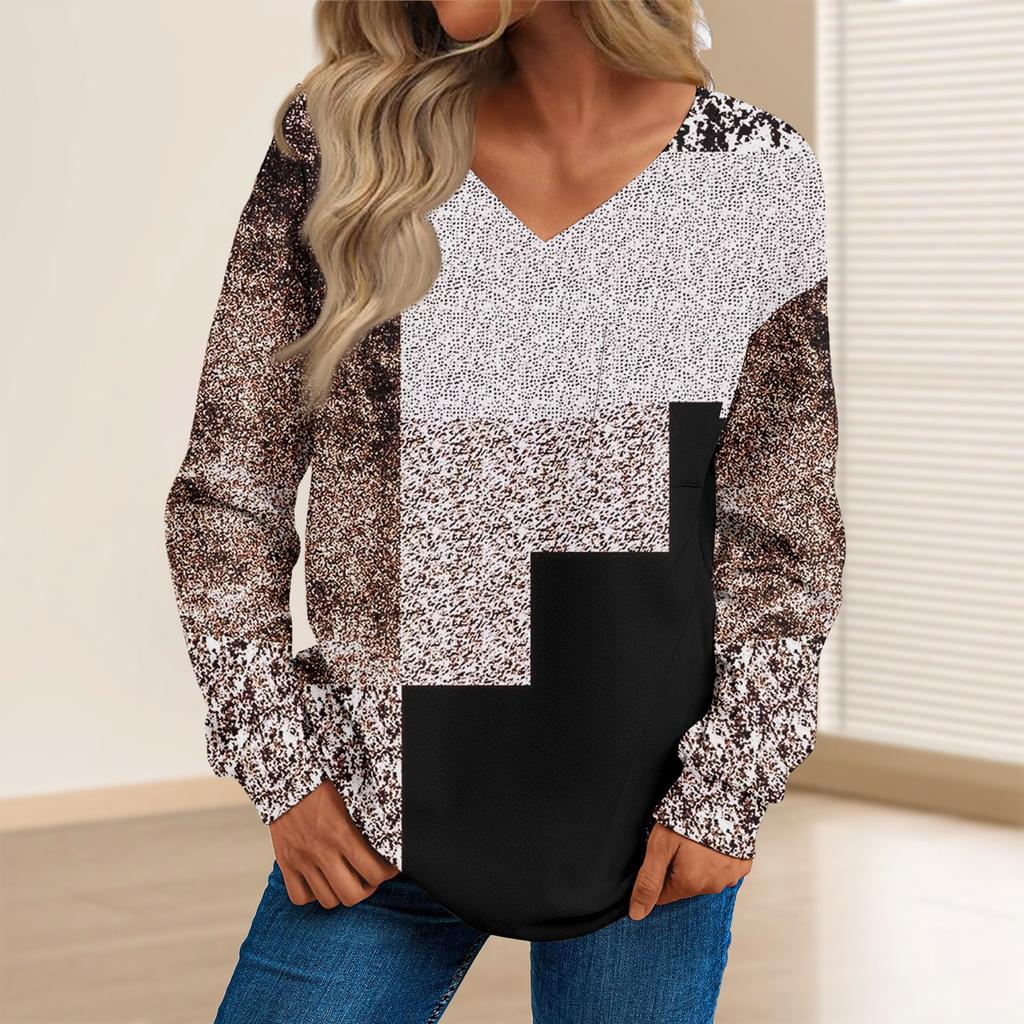 Women's Fashion Casual Long Sleeve Printed V- Neck Sweater Top