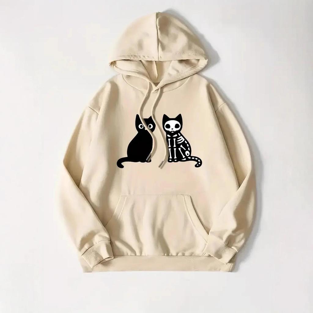 Ladies Spring Autumn Casual Hooded Long Sleeve Big Pocket Halloween Skull Cat Printed Pullover Hoodies Sweatshirt Top