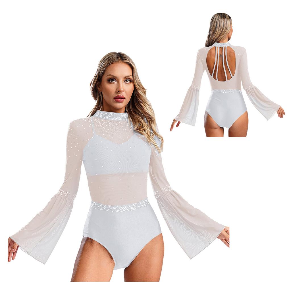 Женская лоскутная расклешенная рукава с открытой спиной, блестящая танцевальная одежда со стразами для гимнастики, джаза, латиноамериканского фигурного катания, балета