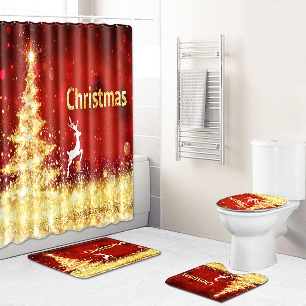 Christmas Bathroom Shower Curtain Toilet Floor Mat Four-Piece Bathroom Non-Slip Door Mat Kitchen Bedroom Absorbent Carpet