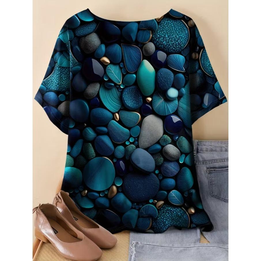 XL-7XL Plus Size Women's Casual 3D Print Loose Round Neck Short Sleeved T-shirt Top