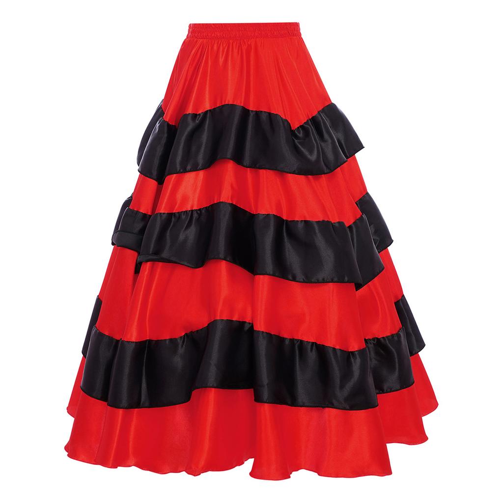 Girls Spanish Flamenco Tiered Ruffles Satin Wide Hem Skirt Performance Costume