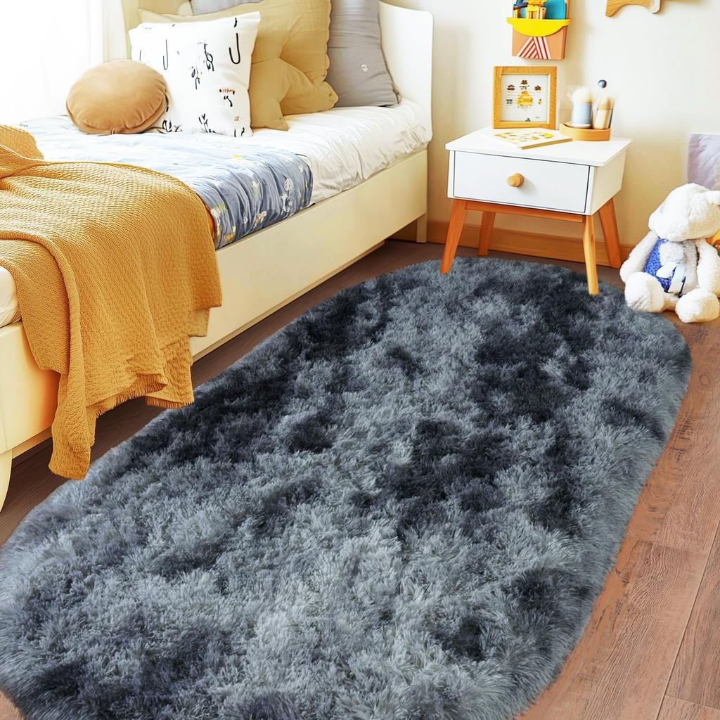 Tie Dye Light Gray Carpet Oval Fluffy Plush Bedside Mat Children's Bedroom Moisture-Proof Mat Living Room Home Decoration Rugs