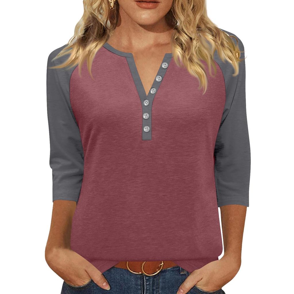 Жен. Футболка С принтом Пуговицы Рукав 3/4 Повседневные Выходные Мода Классический Классический V-образный вырез Обычный Верх