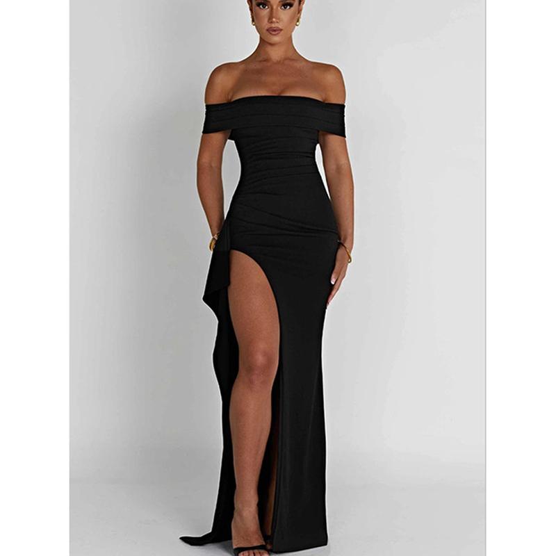 Elegant Strapless Casual Sexy Party Dress Women Fashion Slit Off Shoulder Black Long Dresses Women Summer High Waist Slim A Line Backless Dress 25748