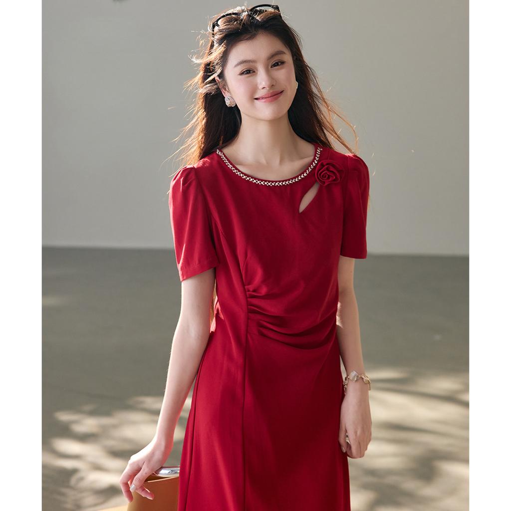 High quality dress, 26 year summer outfit, high-end and exquisite dress, slimming down and covering the belly, small skirt, mid length skirt