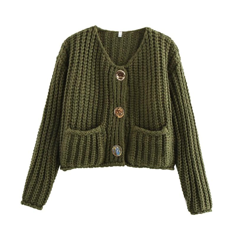 24 Damen Herbst Winter Street Fashion Rundhals Strick Cardigan Kurzer Pullover Mit Metallknöpfen