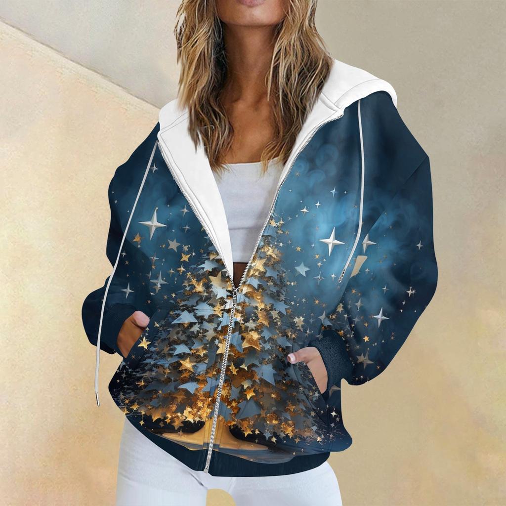 Женская модная повседневная толстовка с рождественским принтом и длинными рукавами, карманная куртка, пальто с капюшоном на молнии