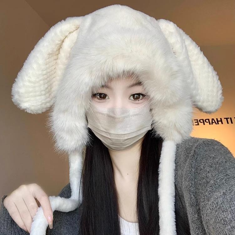 Women's Hat Furry Hat Female Winter Cute Plush Models Rabbit Ears Big Head Circumference Thickened Warm Knitted Wool Thunderbolt Hat