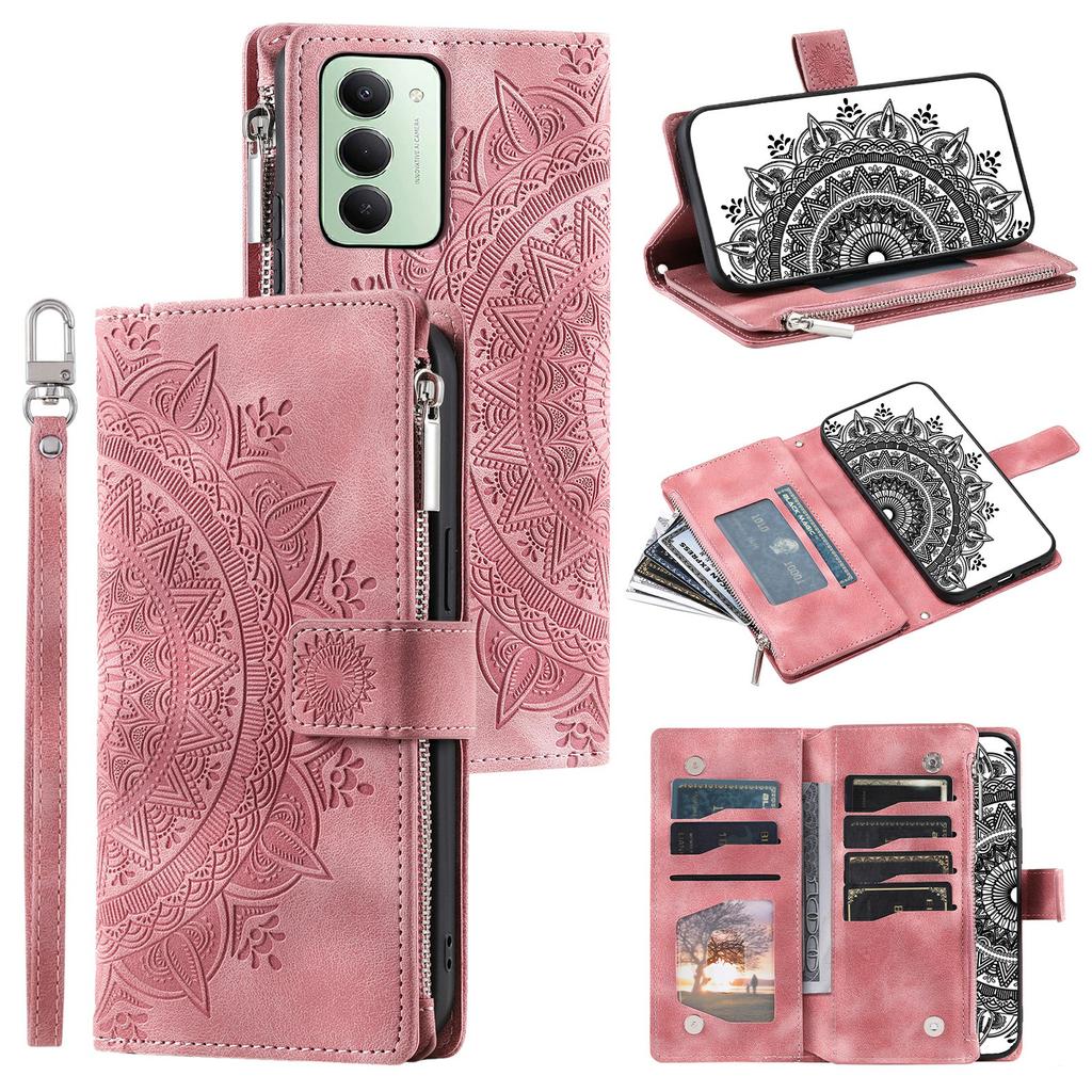 For Xiaomi Redmi 15 5G (EU) (171mm)/4G (EU) (171mm) Wallet Case Mandala Flower Pattern PU Leather Phone Cover with Wrist Strap