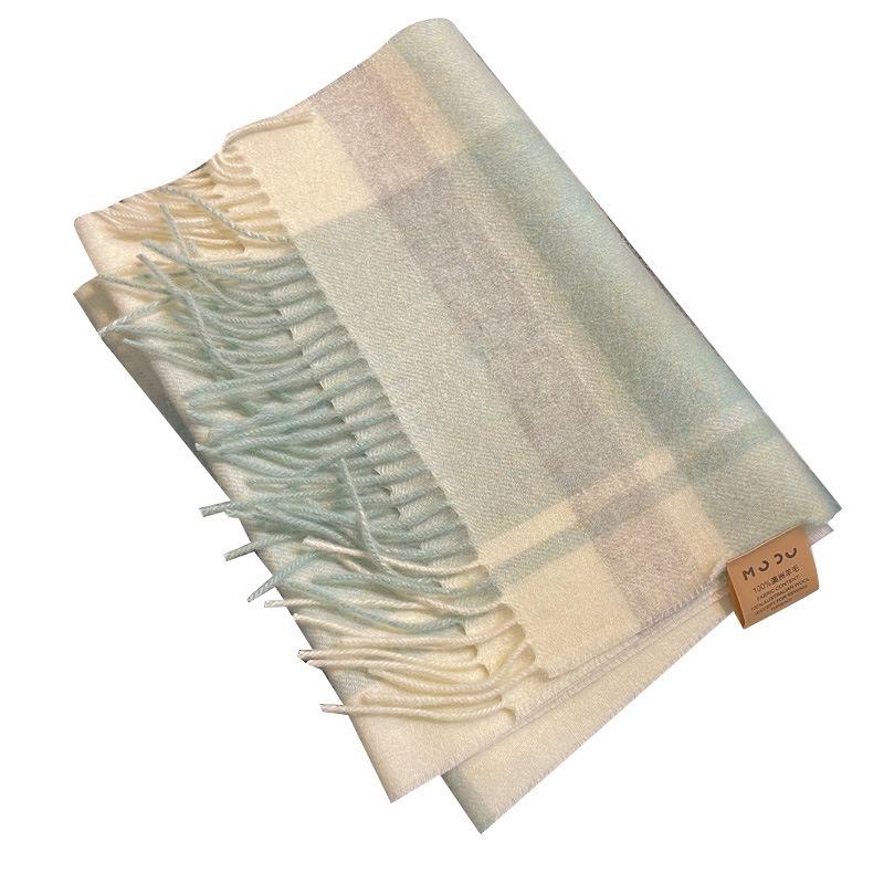 Scottish Pure Wool Green and White Plaid Scarf Women's Winter New British Plaid High-end Scarf