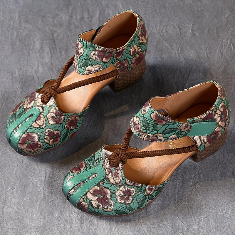 Туфли-лодочки с ретро-принтом, женская модная обувь на высоком каблуке, винтажные цветочные туфли с круглым носком
