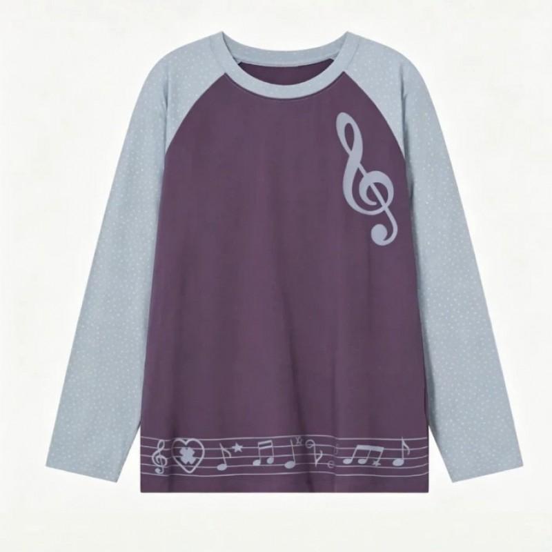 Y2K Korean Style Long Sleeve T-Shirt Music Note Print Polka Dot Color Block Crew Neck Fall Winter Versatile Base Top