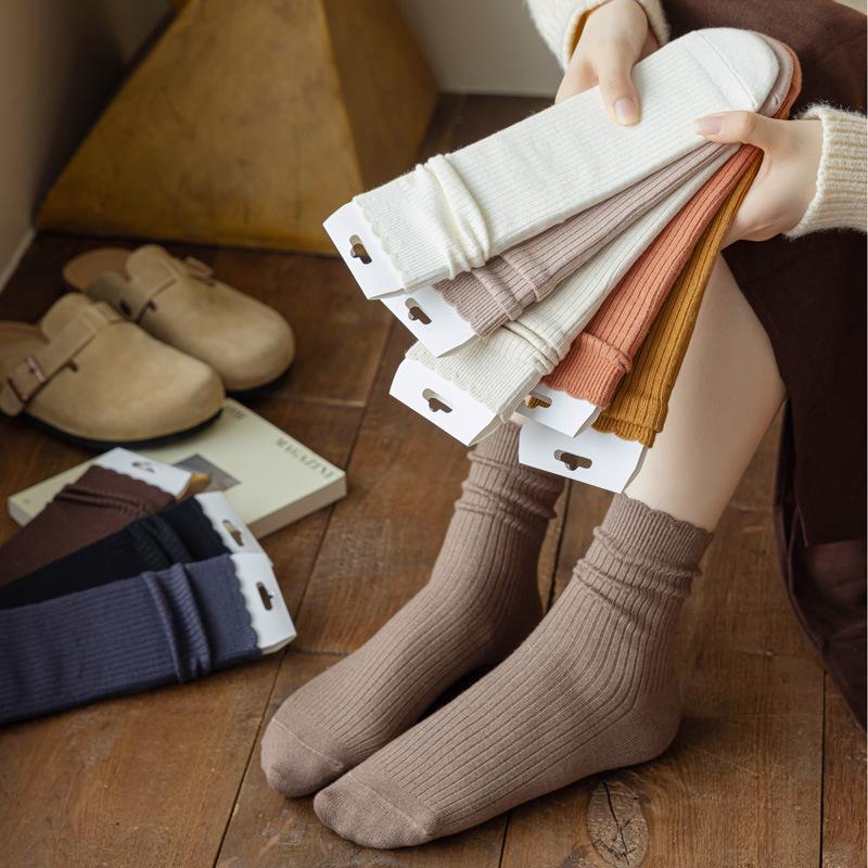 5/10 Pairs Autumn Winter Wool Socks for Women: Mid Calf Socks Fashionable Warm Versatile Pile Socks Solid Color Lace Socks Loose Fit Cashmere Socks