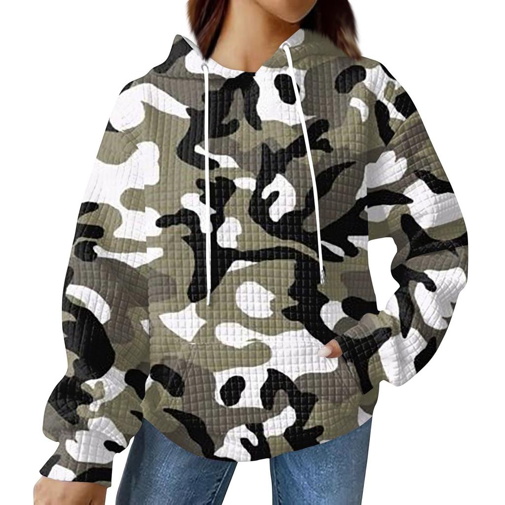 Women's Fashionable Loose Fitting Hooded Pullover, Long Sleeved Sportswear, Camouflage Printed Top, Daily Hoodie