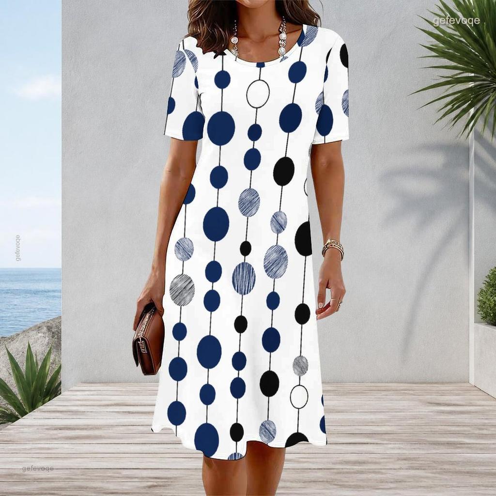 Women s Plus Size White Blue Polka Dot Printed Round Neck Short Sleeve A Line Dress
