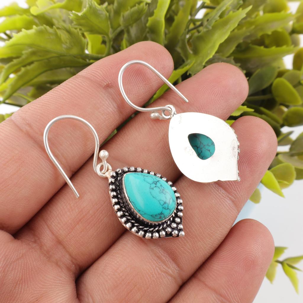 Blue Turquoise Handmade Gemstone Earrings, 925 Solid Sterling Silver Bohemian Jewelry Earrings, Attractive Silver Earrings Gift For Wife