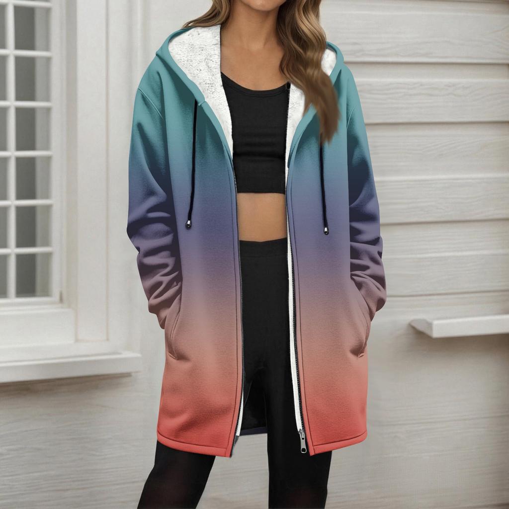 Женская модная флисовая куртка-худи свободного кроя на молнии с градиентным принтом
