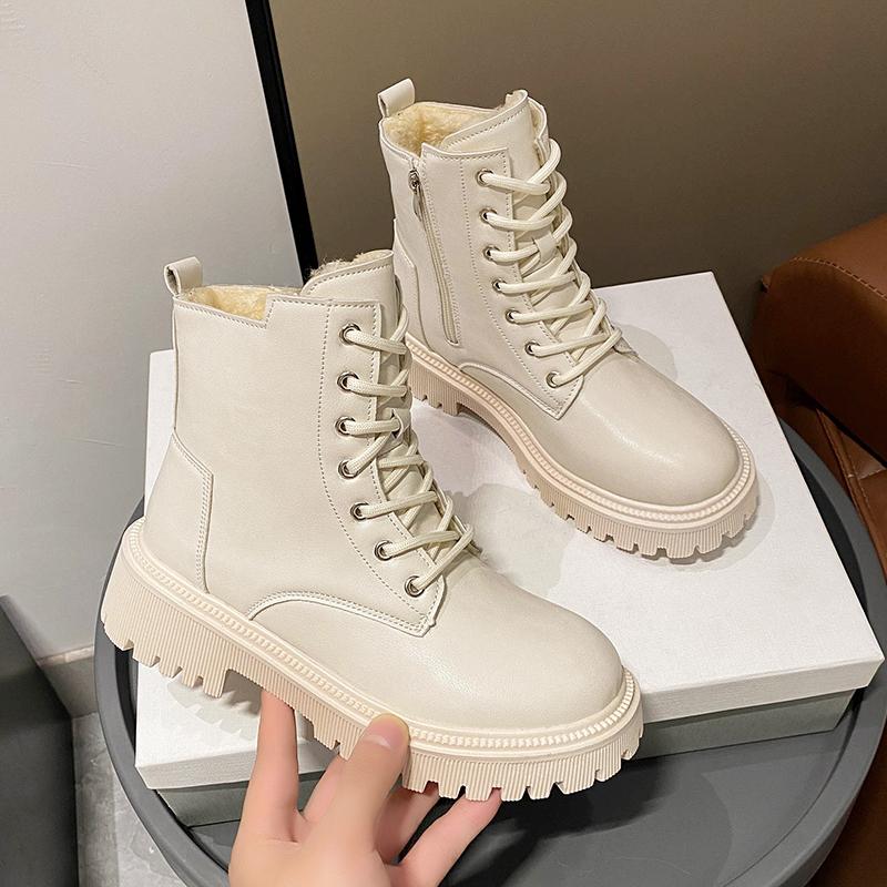 Fashion Women's Winter 2025 New Snow Boots with Velvet Flat Top Flat Shoes High Quality Lace Elegant PU Leather Casual Black Ankle Boots