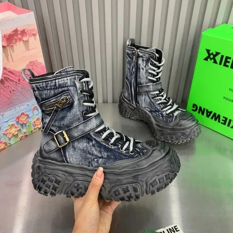 Платформа Высокий каблук Женская обувь Ковбойские мотоциклетные ботильоны Зимние ботинки для снега Челси 2025 Трендовый дизайнер джинсовые ботинки женские