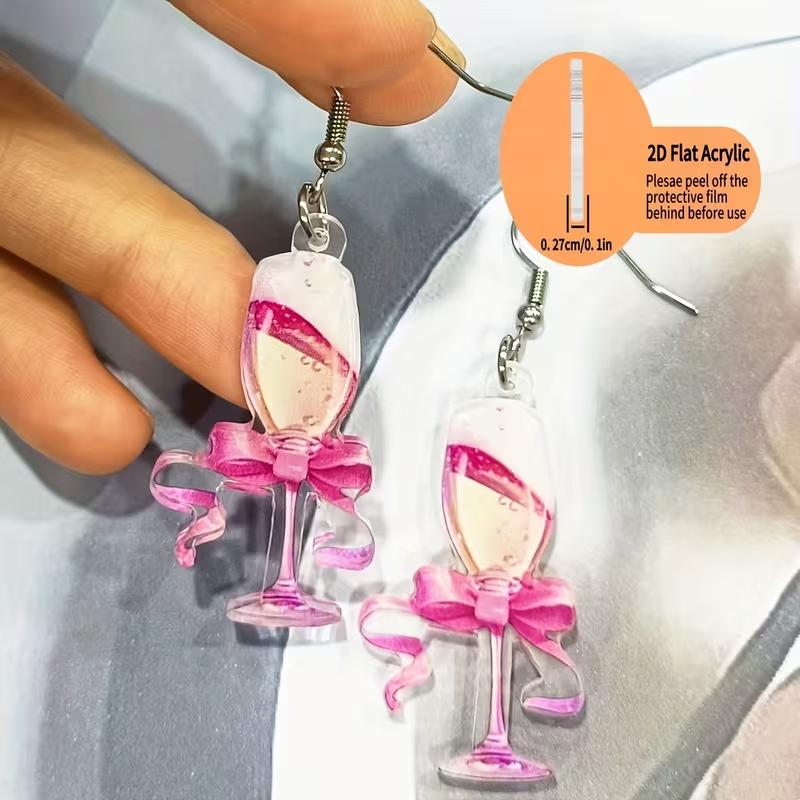 Cross-border new pink wine glass earrings flat acrylic creative party with bow earrings jewelry