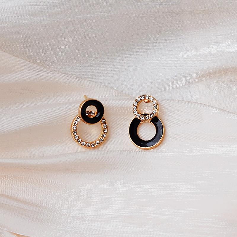 Asymmetric Double Round Stud Earrings For Women Crystal Black Red Enamel Hollow Geometric Jewelry Party Girl's Earrings