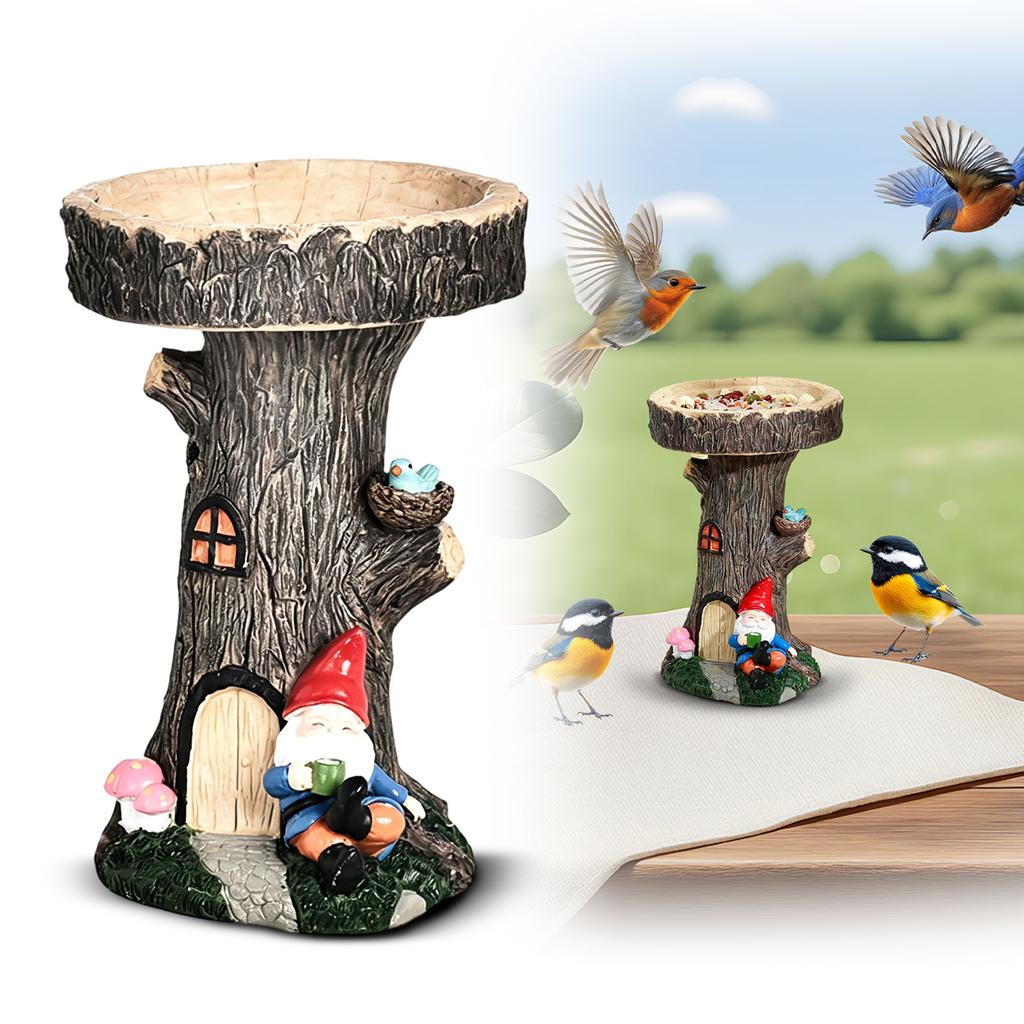 Resin Tree Stump Bird Bath with Gnome and Mushroom Figurine Outdoor Garden Decor for Yard Patio Lawn Ornament