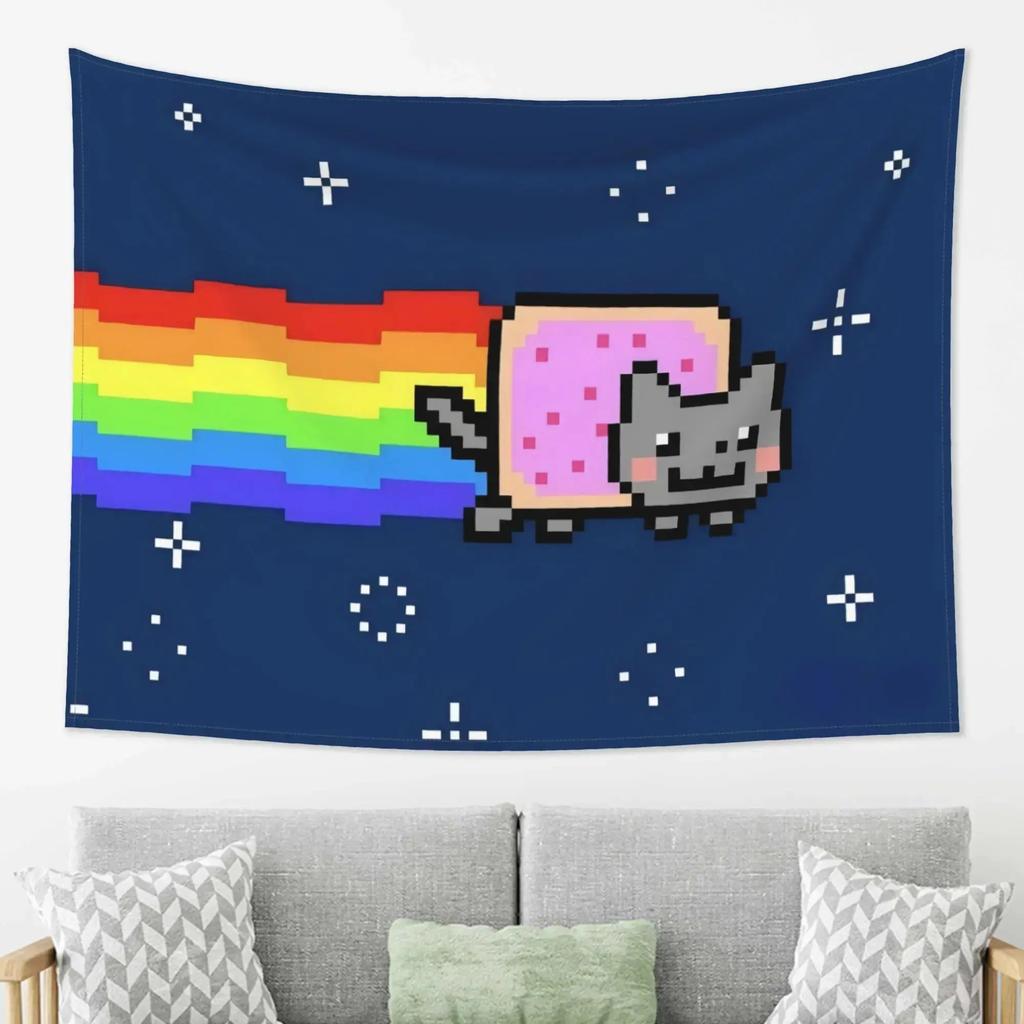 Pixel Art Cat Tapestry Wall Hanging Cute Kitten Aesthetic for Bedroom Dorm Gaming Room Home Decor Wall Art