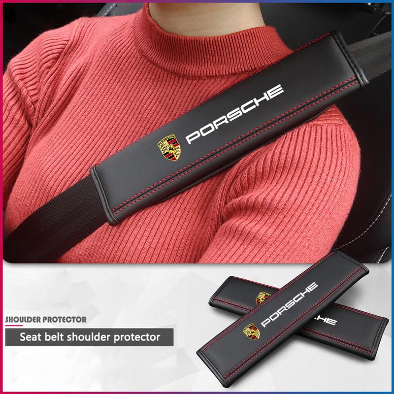 2pcs Leather Car seat belt Nappa Shoulder Protector Car Accessories For Porsche Panamera Cayenne Taycan 911 718 Macan Carrera-GT GO3