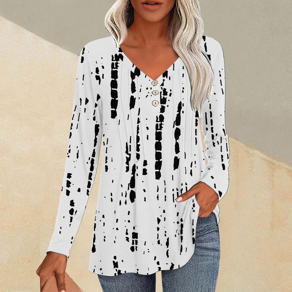 Fashion Tops Casual Pleated V-Neck Line Printed Long Sleeve T-Shirt