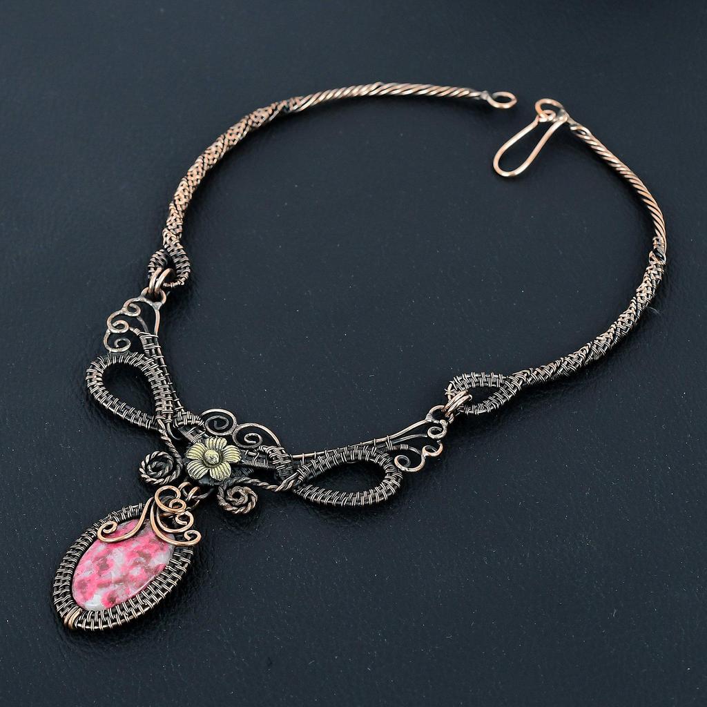 Розовый тулит ожерелье ручная работа, ожерелье, обернутое медной проволокой 999 пробы, дизайнерские украшения с драгоценными камнями, ожерелье с регулируемой цепочкой, подарок для мамы