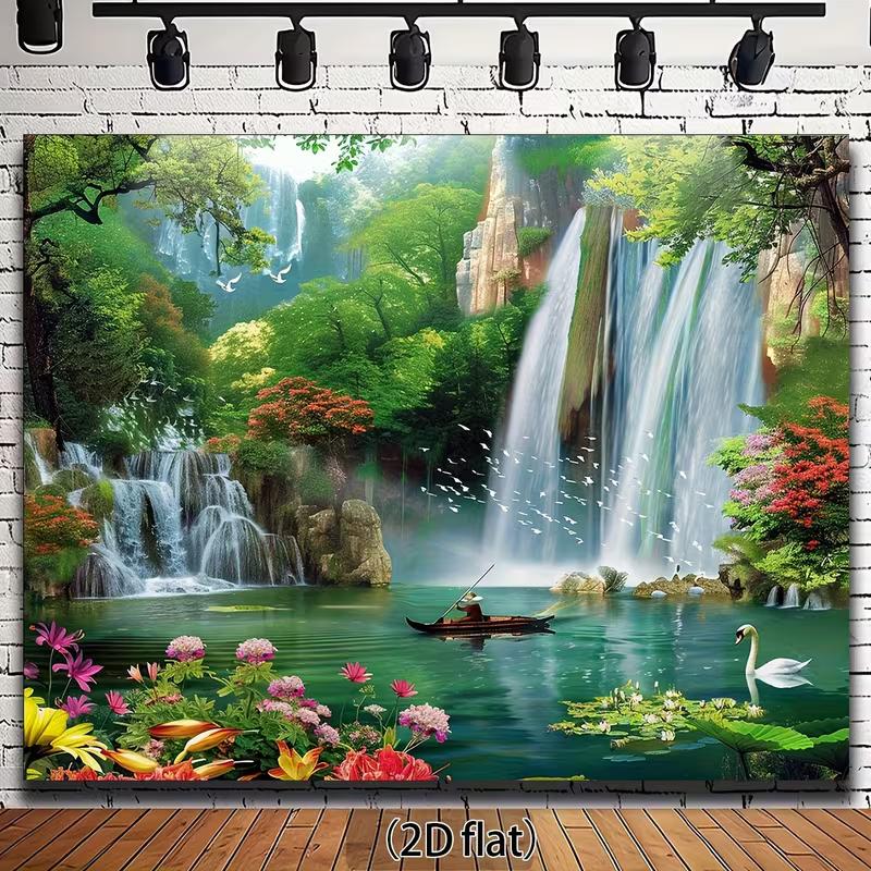 2D Nature Waterfall Backdrop, Green Forest Lake Swan Background for Parties