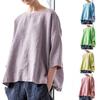 Summer Women's Round Neck T-shirt Cotton and Linen Loose Top Retro Three-quarter Sleeve Blouse Top
