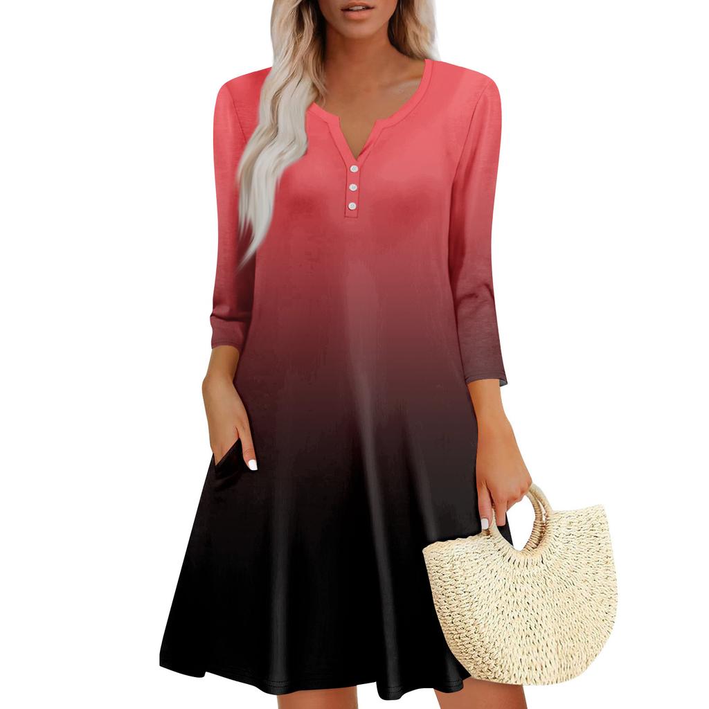 Women's Summer Casual V-neck Gradient Printed Button Up Dress with Pockets