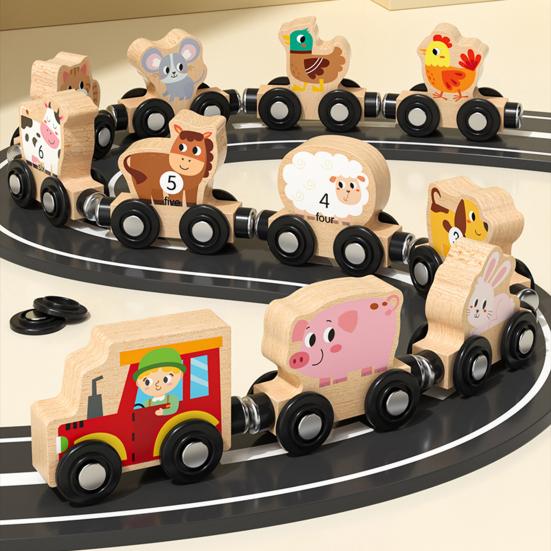 Kids Wooden Magnetic Farm Train Toy Color Cartoon Animal Number Preschool Learning Toddlers Boys Girls Educational Locomotive Carriages Toy