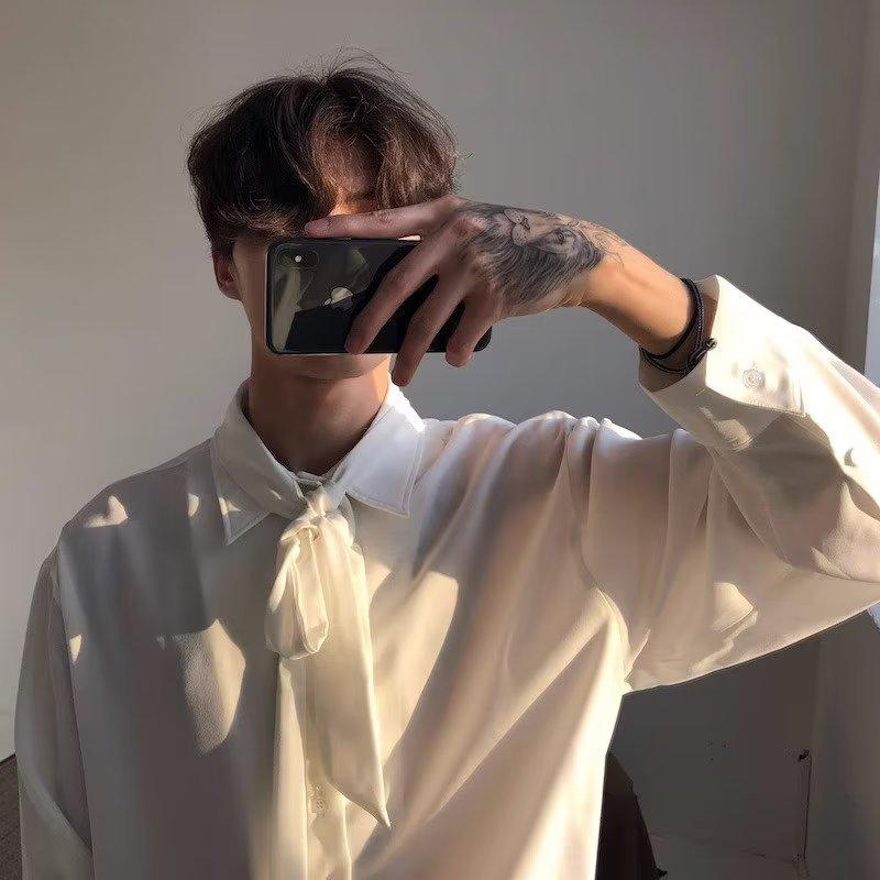 Мужская рубашка с длинным рукавом и галстуком-бабочкой в корейском стиле - Повседневный свободный крой, однотонная, коллекция весна-осень