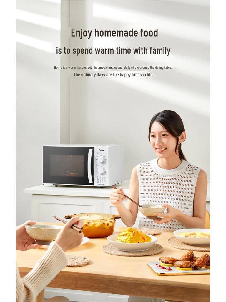 Midea 23L Dual-Use Microwave Oven, 800W, Mechanical Control with Turntable and Knob.