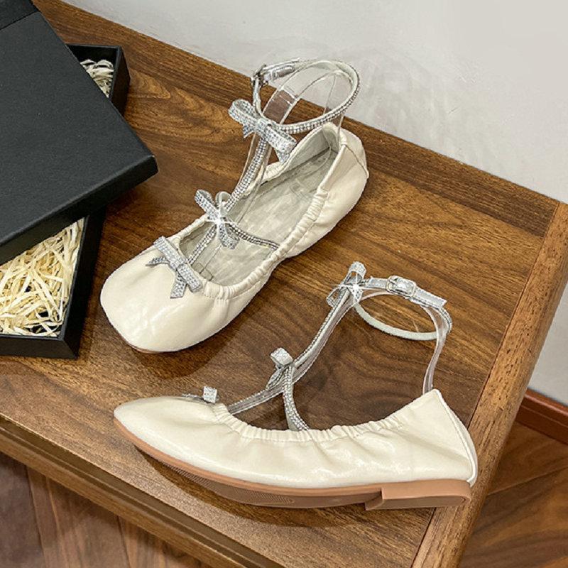 Spring 2026 new French retro heavy industry water diamond bow shallow toe flat ballet single shoe for women Mary Jane
