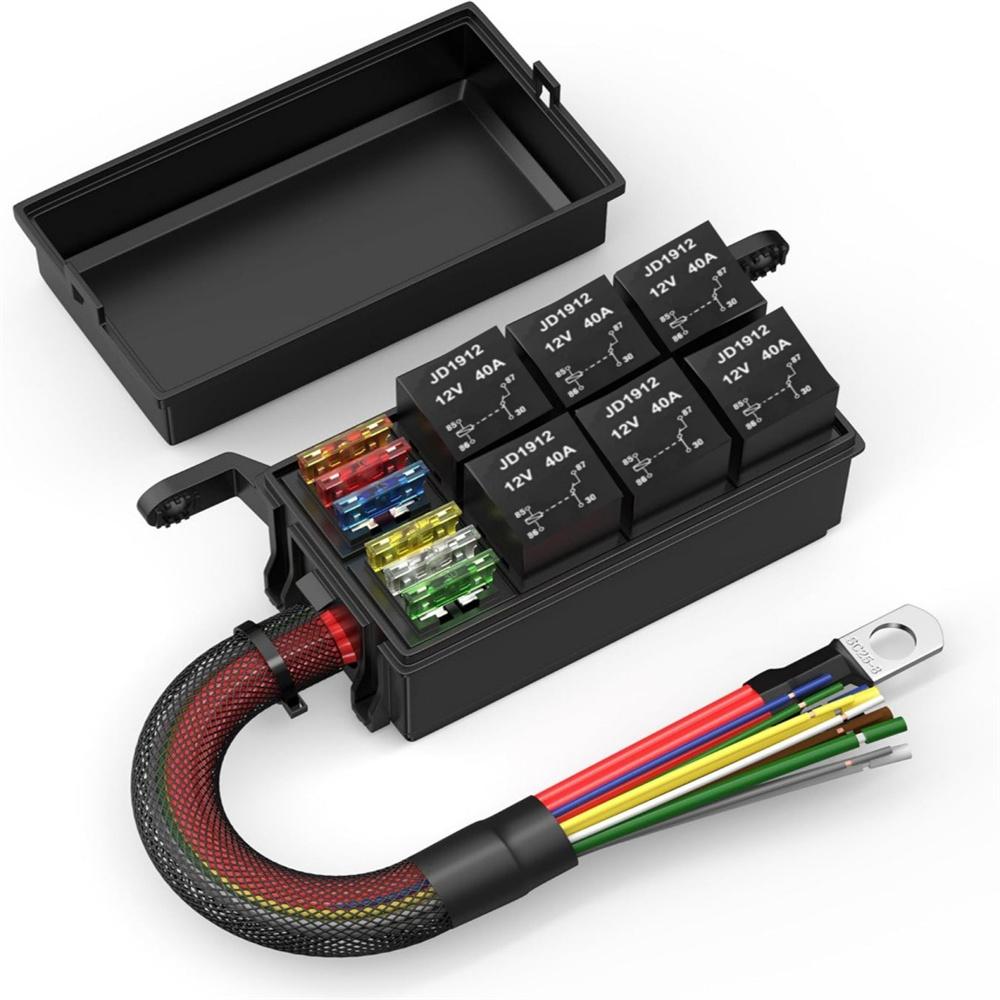 12V 40A 5-Pin Relay Box 6 Way Pre-Wired Relay Fuse Box For Automotive Car Marine