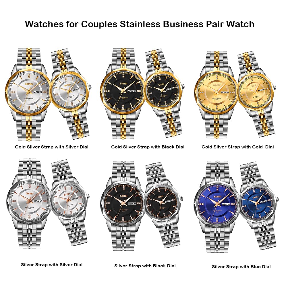 SKMEI Pair Couple Watches Pair Watches Couple Popular Pair Watch Set Classic Silver Stainless Steel Band Waterproof Business Luxury Brand Present