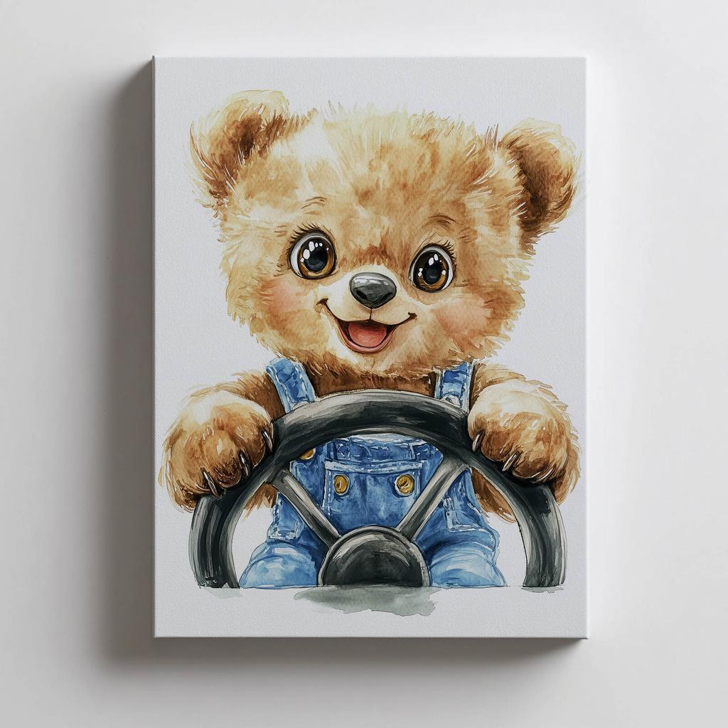 Smiling Teddy Bear Behind The Steering Wheel Smiling Teddy Bear Behind The Steering Wheel, 50X70 Cm, Black Aluminum Frame, 230 Gsm Matte Paper