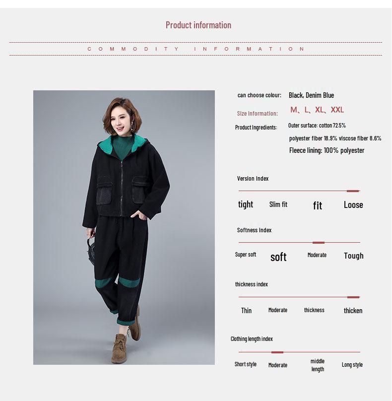 Женский новый утолщенный джинсовый костюм 2024: Мода Осень/Зима, Стильный Повседневный Костюм-Двойка для Мам Среднего и Пожилого Возраста