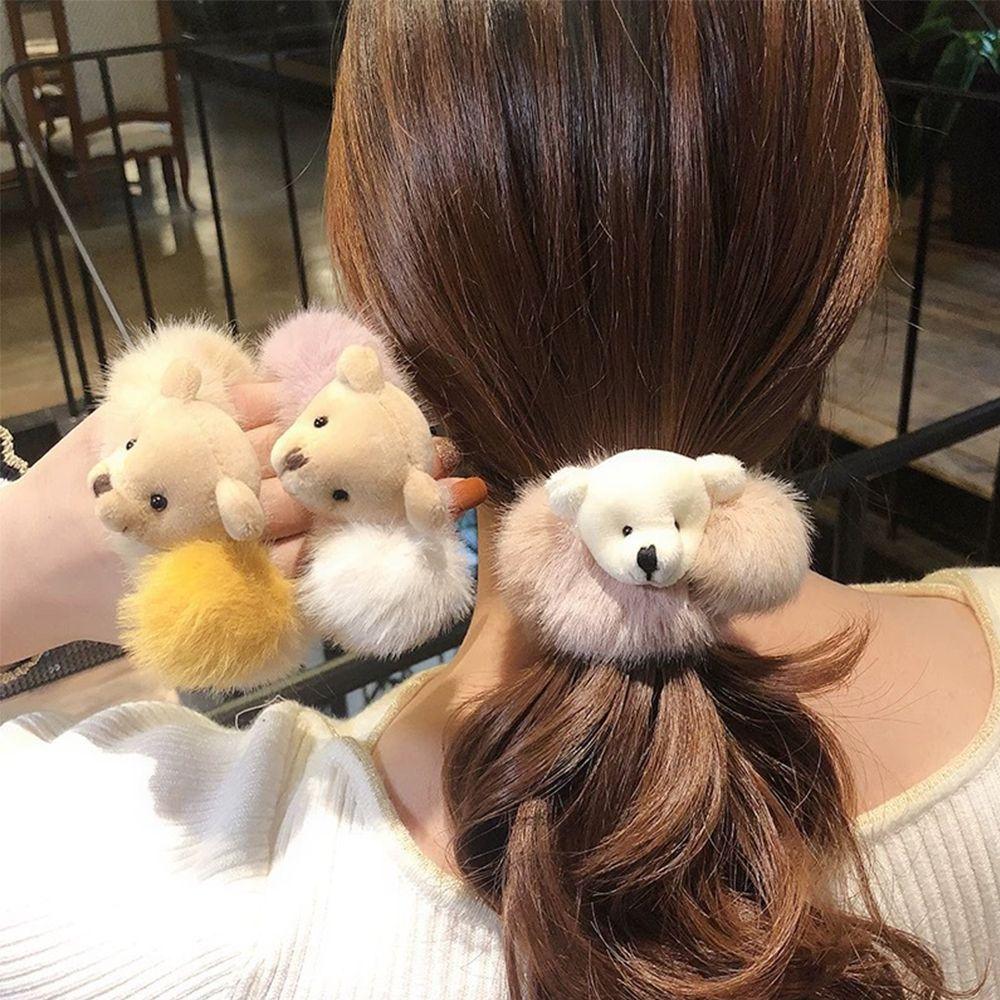 New Girls Scrunchie Elastic Cute Plush Bear Hair Rope Ponytail Holder Hair Accessories Rubber Bands